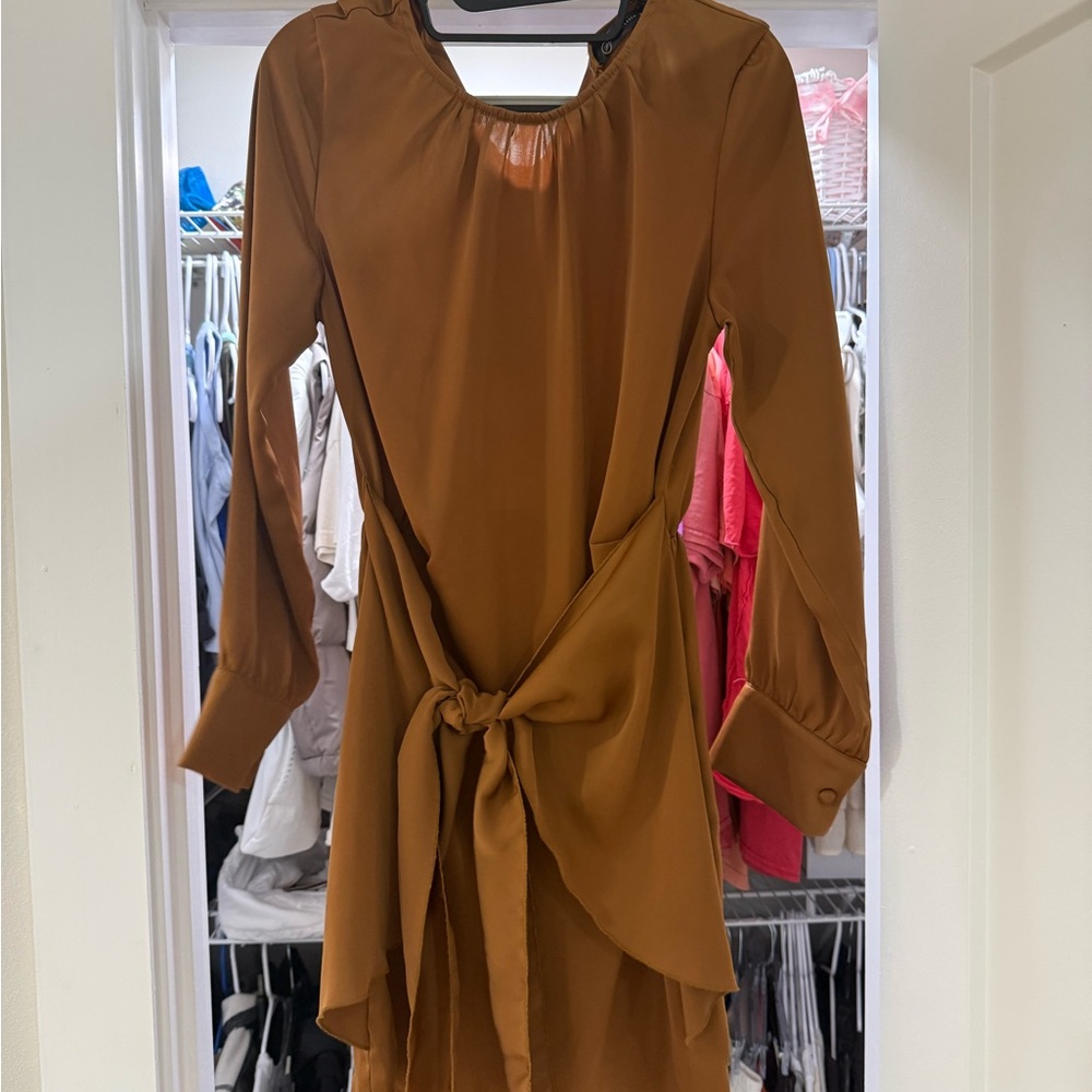 Tie-Front Long Sleeve Dress in Camel
